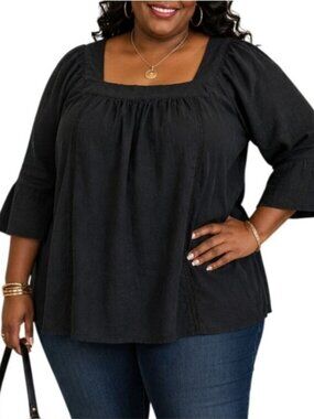 Time And Tru Size XXL Top Black Bell Sleeve Peasant Top Square Neck